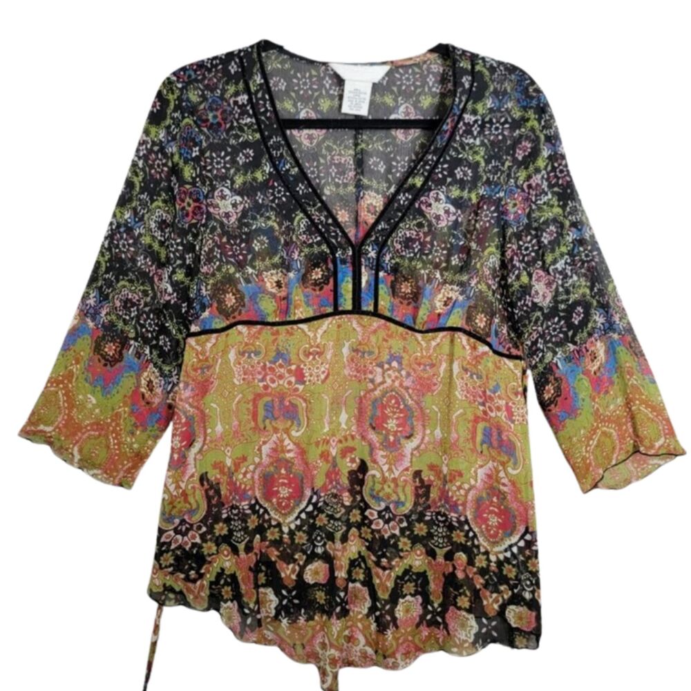 Boho Patchwork Tunic Blouse Semi-Sheer V-neck 3/4 Sleeve Small